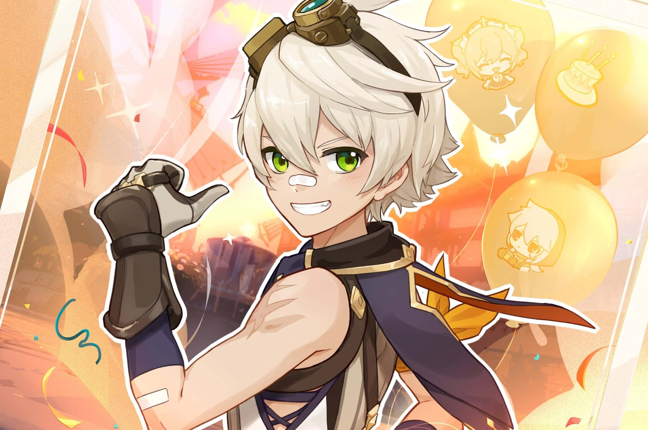 Genshin Impact Bennett 桌布 壁紙 — 一個開心的動畫男孩，白髮綠眼，在溫暖發光的背景中拿著氣球微笑擺姿勢。