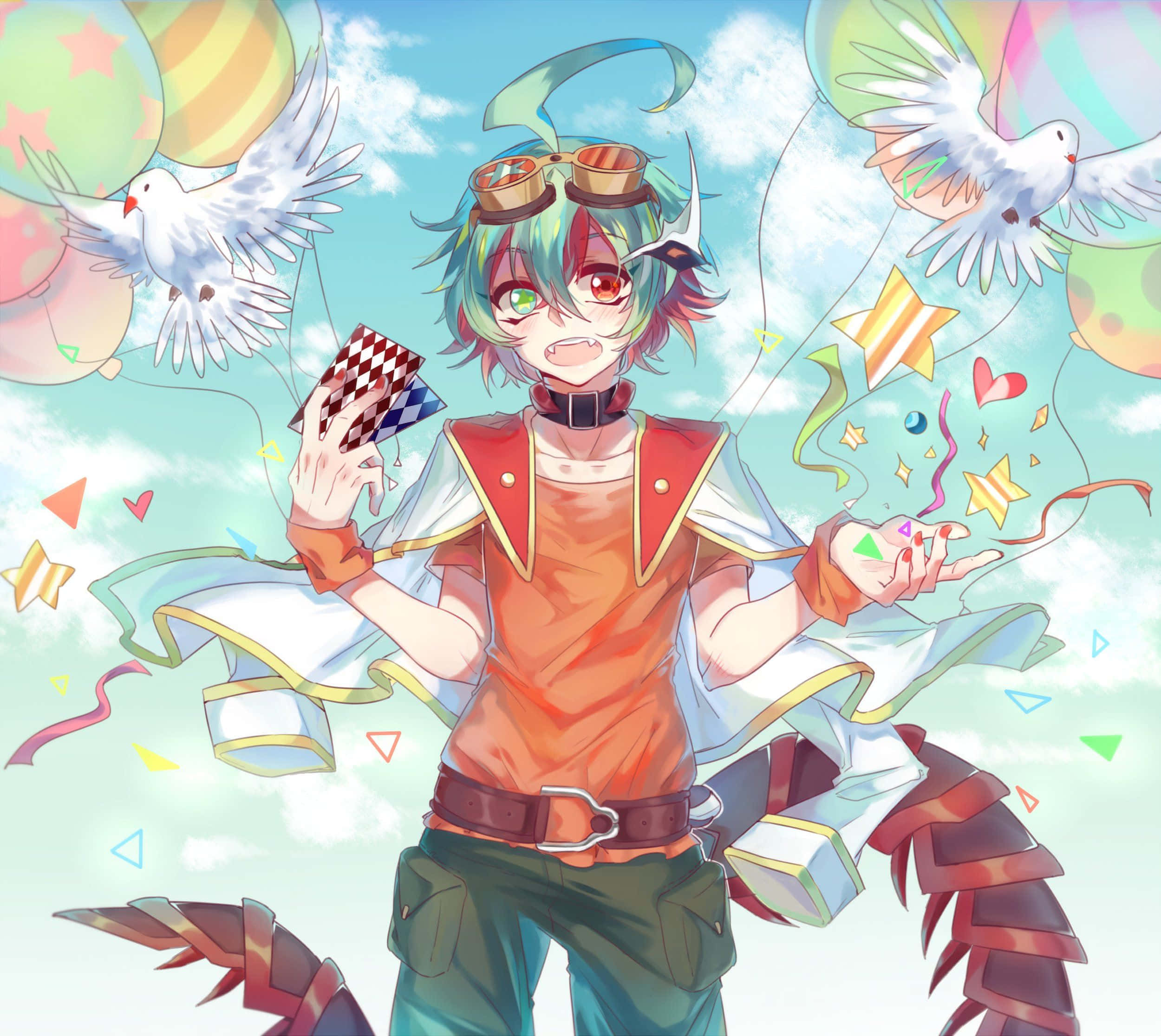 Yuya Sakaki 桌布 壁紙 — 一個開心的動畫男孩，綠色頭髮，戴護目鏡，在鴿子和氣球的天空下拿著卡片和五彩紙屑。