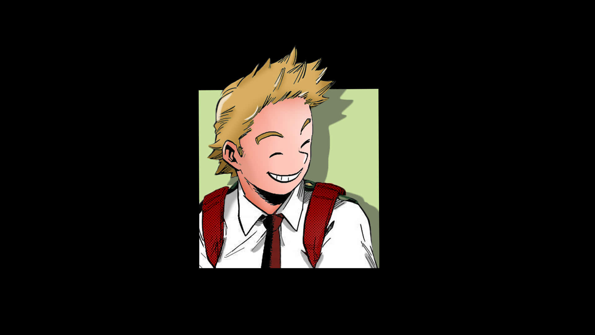 Mirio Togata 桌布 壁紙 — 一個開心的動畫男孩，金色刺蝟頭，穿著白襯衫、紅領帶和紅色背包，在淡綠色背景前微笑。