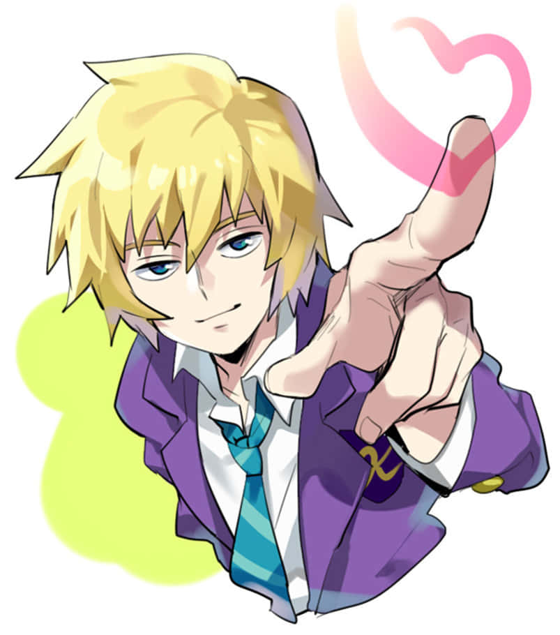 Teruki Hanazawa 桌布 壁紙 — 一個開心的動畫男孩，金色刺蝟頭，手指向前，指尖上漂浮著一個粉紅色的心形。