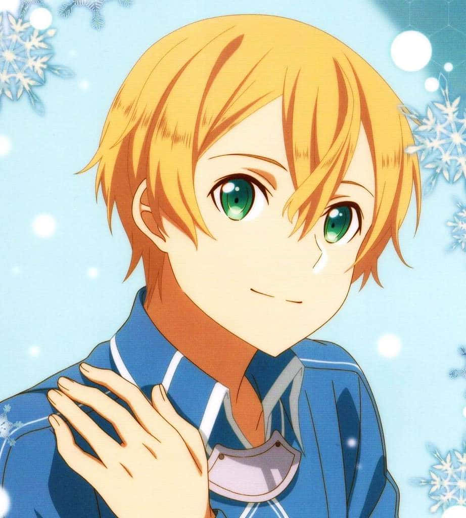 Sword Art Online Eugeo 桌布 壁紙 — 一個開心的動畫男孩，金髮綠眼，在飄雪的藍色背景上溫柔地微笑。