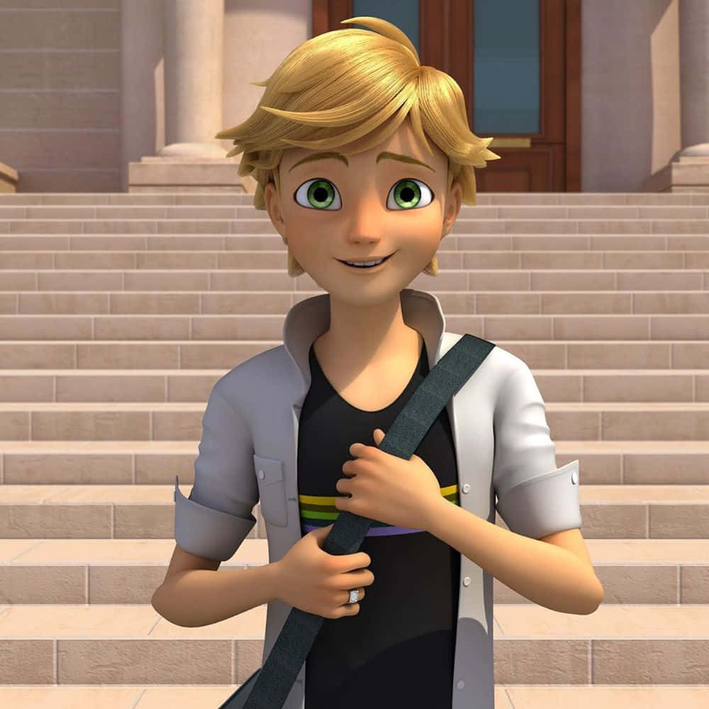 Adrien Agreste 桌布 壁紙 — 一個開心的動畫男孩，金髮綠眼，站在石階上，握著背包帶。