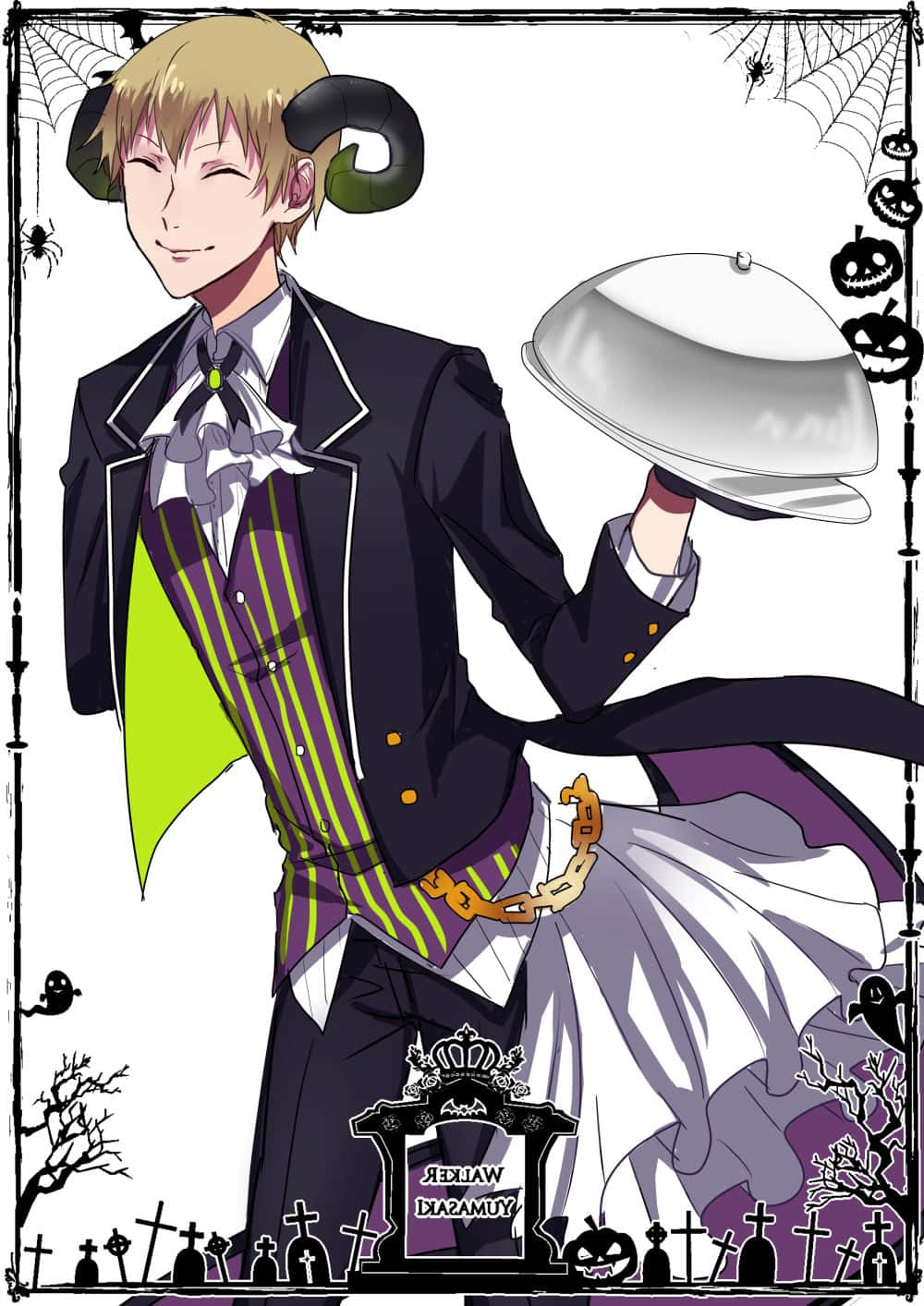 Walker Yumasaki 桌布 壁紙 — 一個開心的動畫男孩，頭上有公羊角，穿著萬聖節主題服裝，在陰森的墓地邊界前拿著一個銀色托盤。