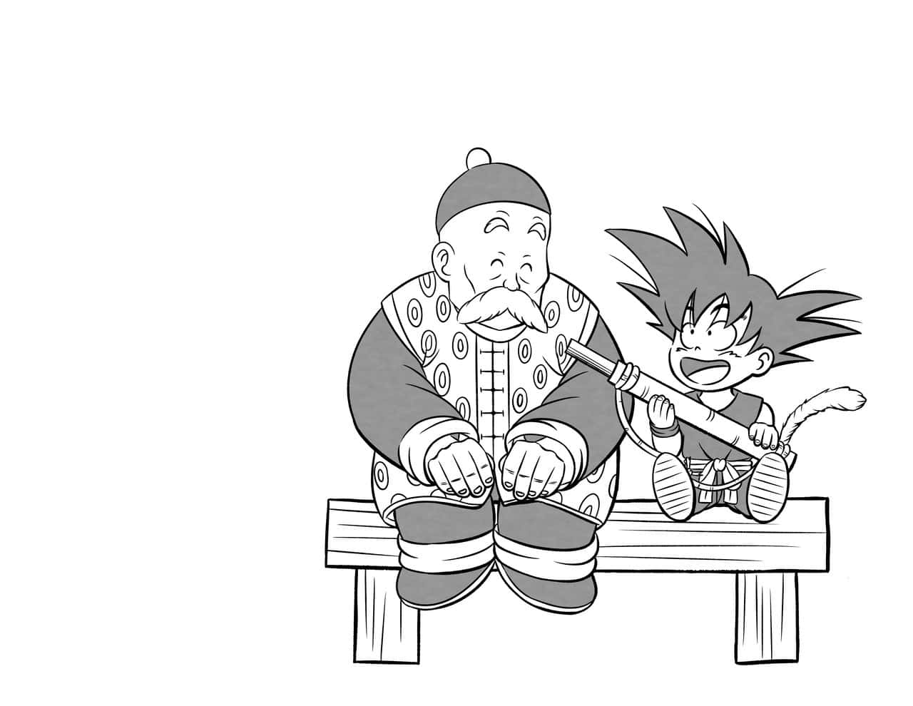 Grandpa Gohan 桌布 壁紙 — 一個開心的動畫男孩和一位長者坐在長椅上分享煙斗的簡單黑白線條畫。