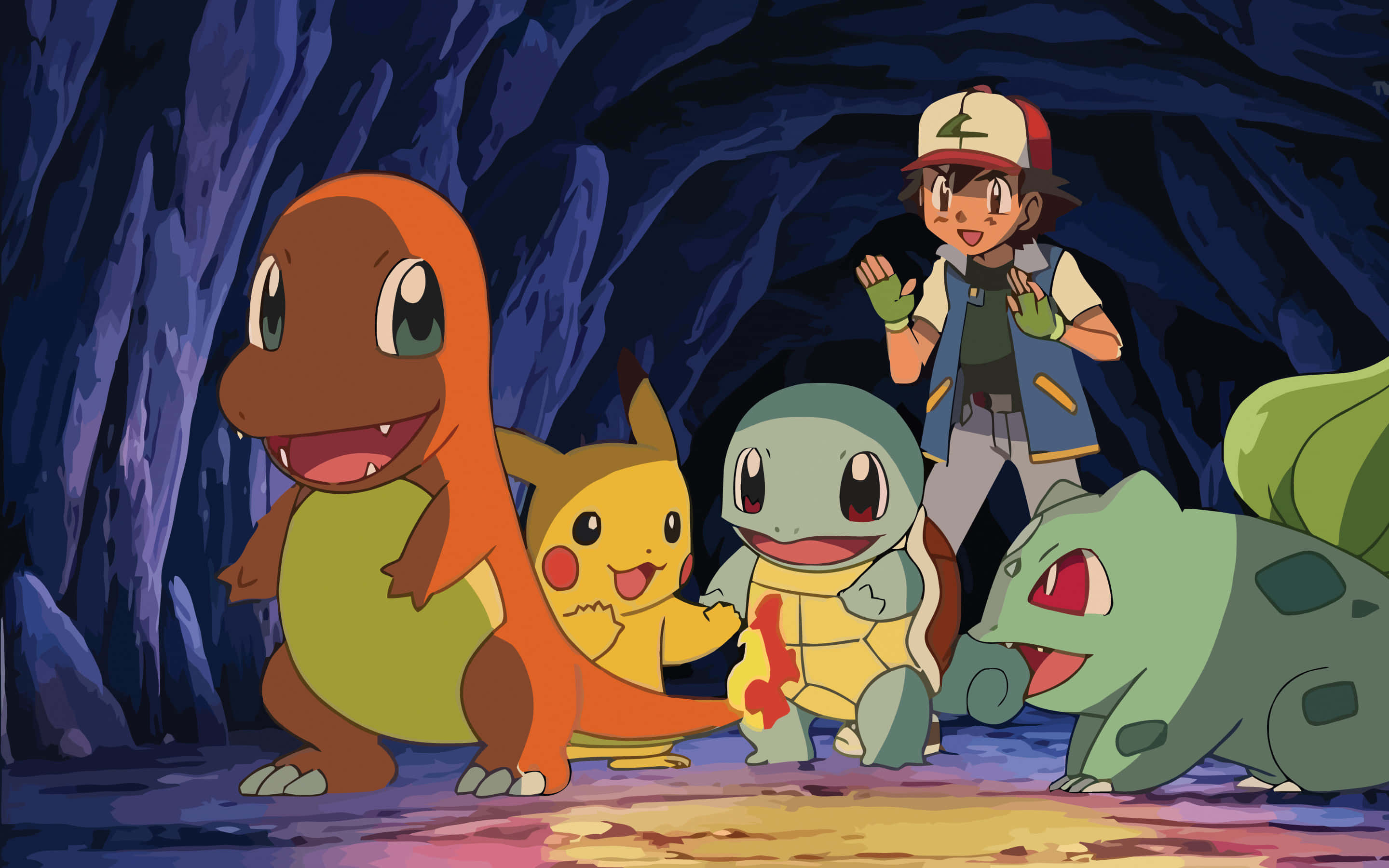 Ash And Pikachu 桌布 壁紙 — 一個開心的動畫男孩和他的四個寵物小精靈朋友一起站在一個有發光地板的深藍色洞穴裏。