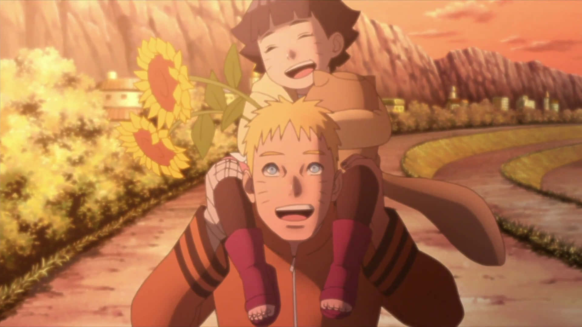 Boruto Naruto Next Generations 桌布 壁紙 — 一個開心的動畫男孩在日落時分背著一個大笑的孩子穿過向日葵田。