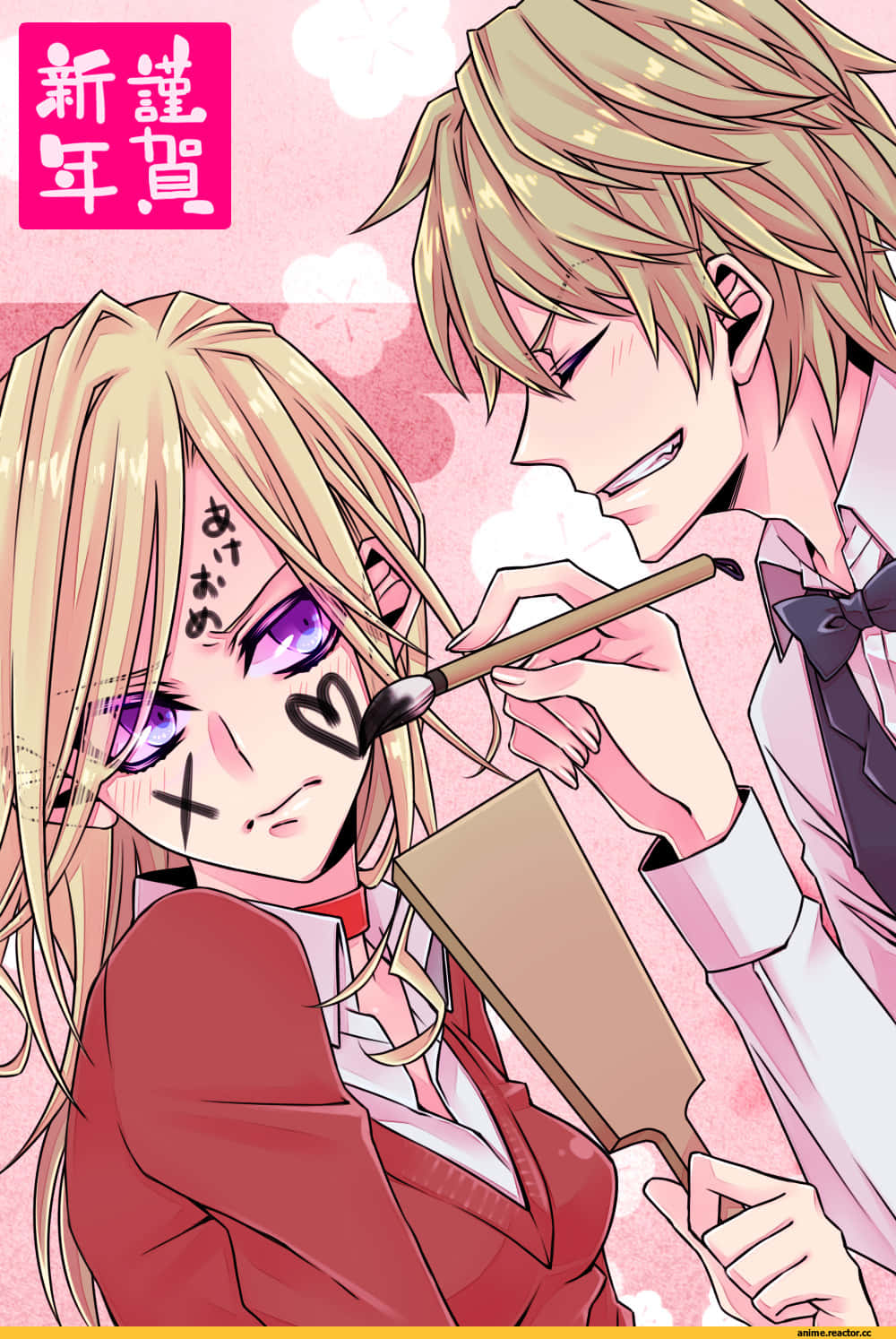 Durarara Vorona 桌布 壁紙 — 一個開心的動畫男孩用刷子在粉紅色櫻花背景下為女孩化妝。