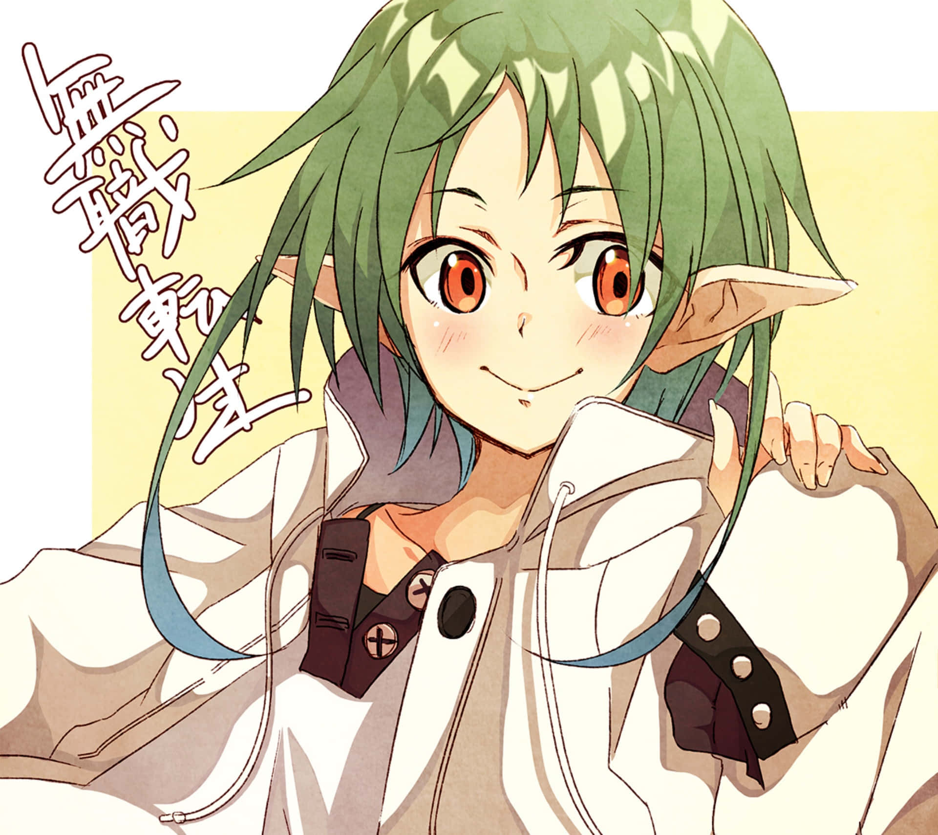 Mushoku Tensei 桌布 壁紙 — 一個開心的動畫精靈，綠色頭髮和橙色眼睛，穿著白色連帽衫，在柔和的黃色背景前微笑。