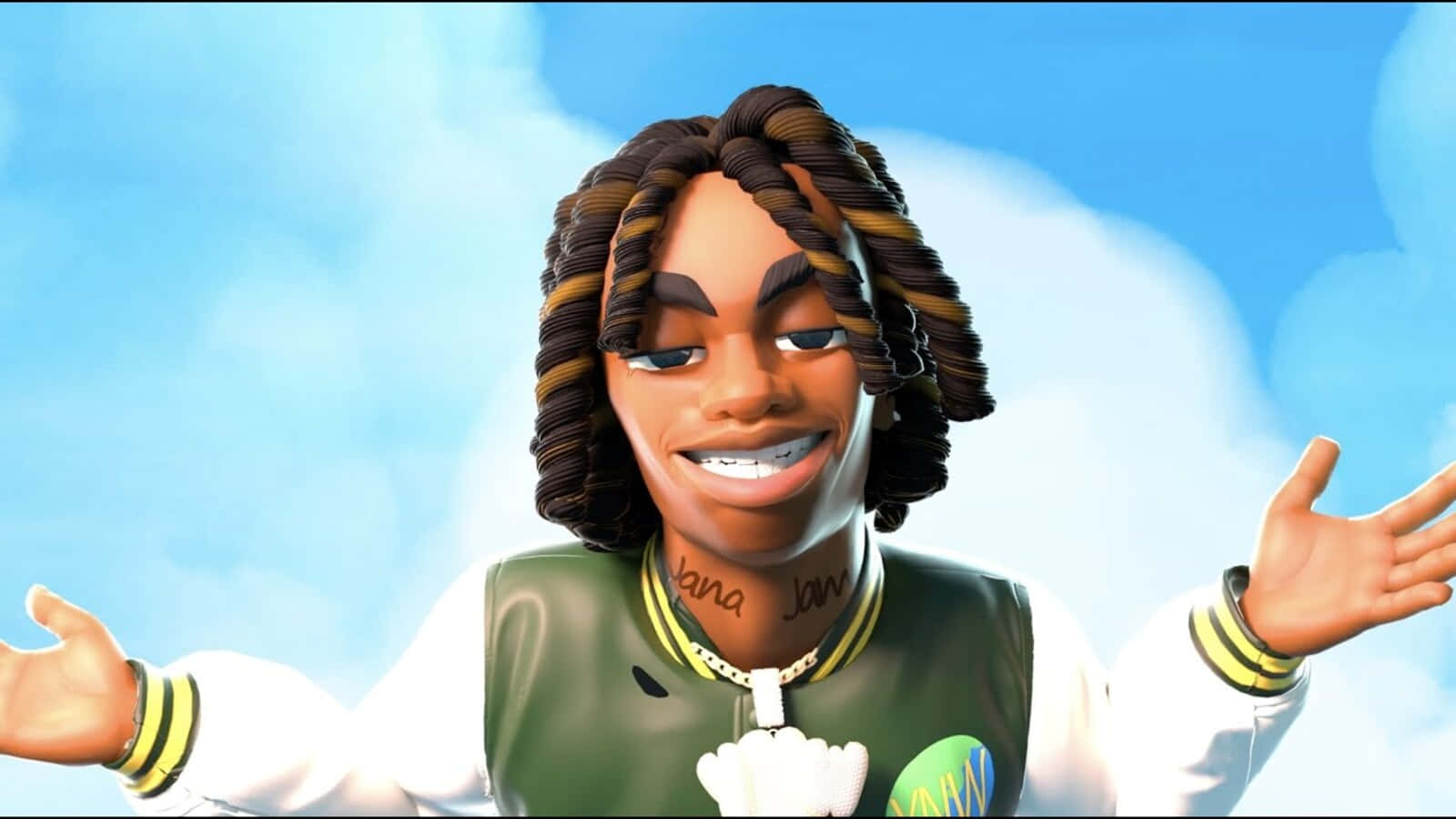 Ynw Melly Cartoon 桌布 壁紙 — 一個開心的動畫角色，梳著辮子，穿著綠色外套，在藍天白雲下燦爛微笑。