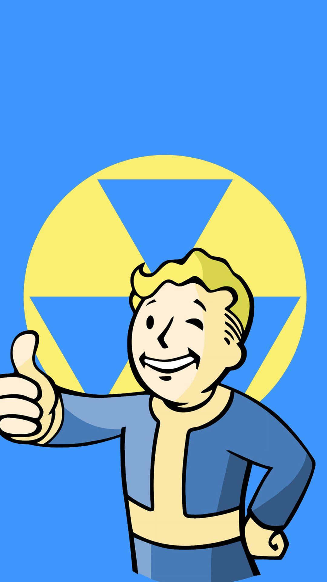 Fallout Shelter 桌布 壁紙 — 一個開心的卡通Vault Boy在藍色背景上的黃色輻射標誌前豎起大拇指。