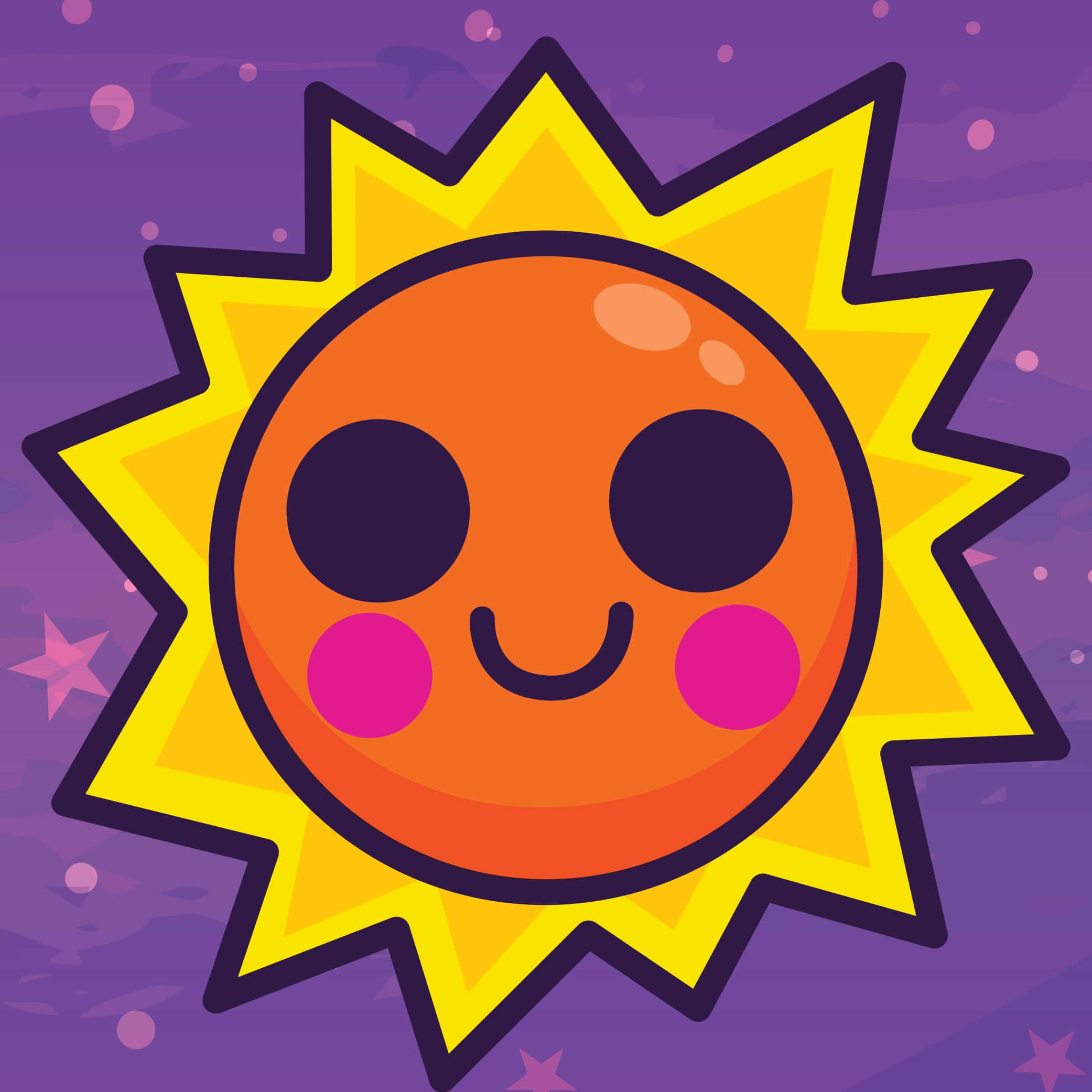Kawaii Space 桌布 壁紙 — 一個開心的卡通太陽，帶著微笑的臉和粉紅色的臉頰，在紫色星空背景下明亮地照耀。