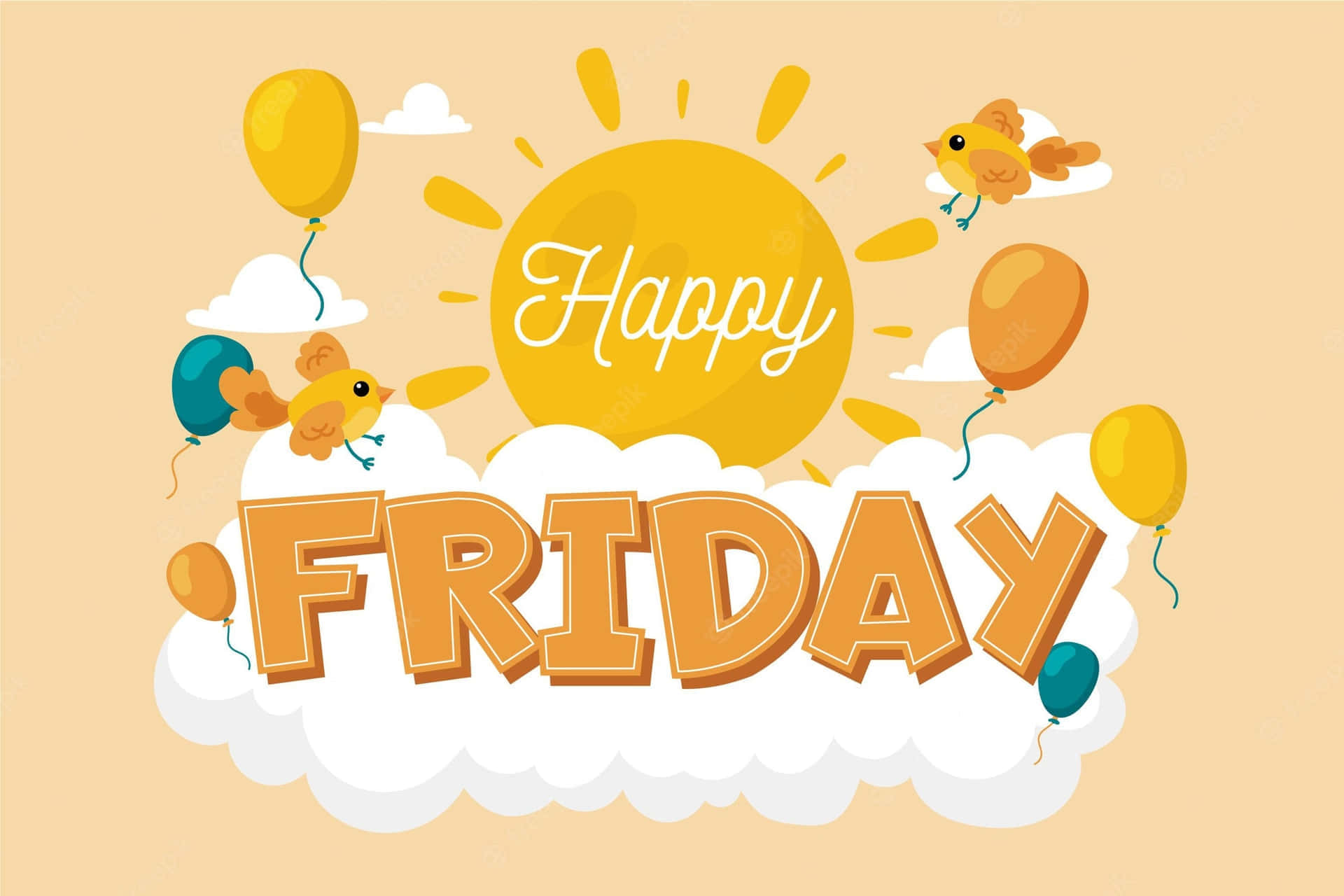 Friday 桌布 壁紙 — 一個開心的卡通太陽照耀著粗體 'Happy Friday' 文字，頑皮的小鳥和氣球漂浮在 fluffy 雲朵上。