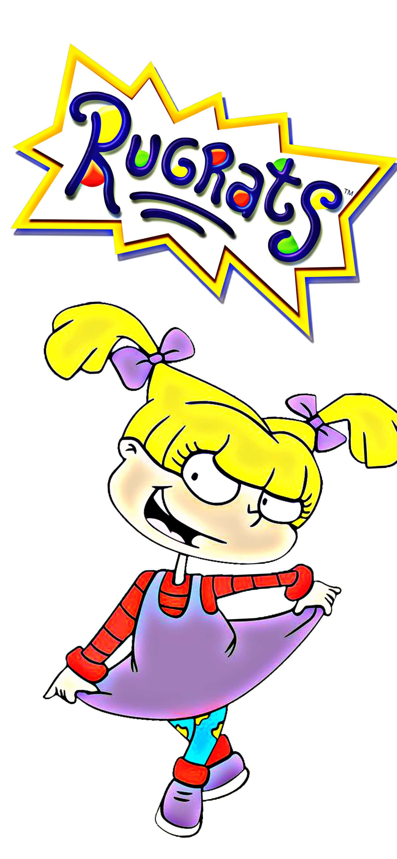 rugrats 桌布 壁紙 — 一個開心的卡通女孩，扎著黃色辮子，繫著紫色蝴蝶結，在 Rugrats 標誌下跳舞。