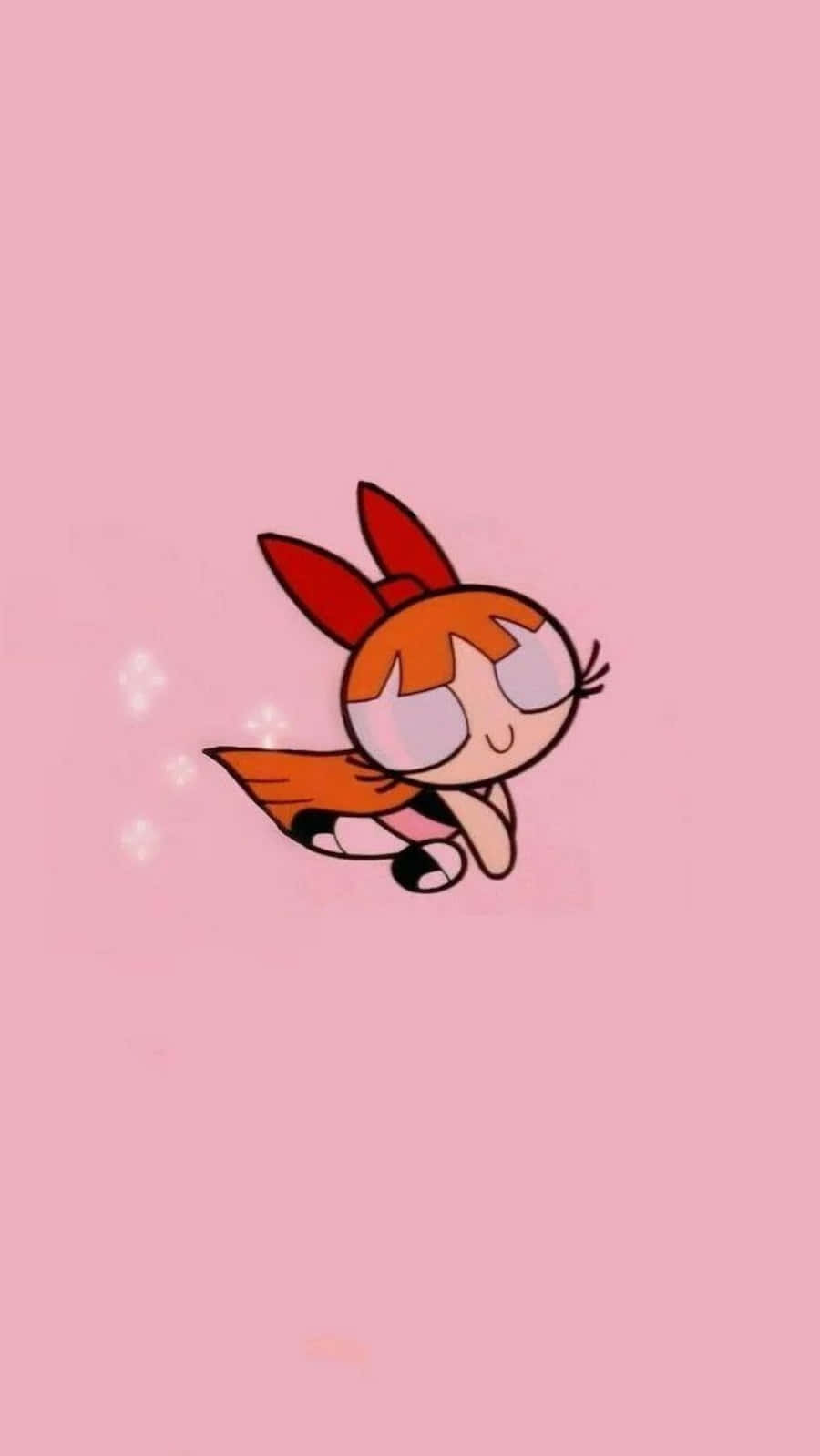 可愛少女風gif 桌布 壁紙 — 一個開心的卡通女孩，橙色頭髮和紅色蝴蝶結，在帶有閃粉的柔和粉紅色背景上輕輕漂浮。
