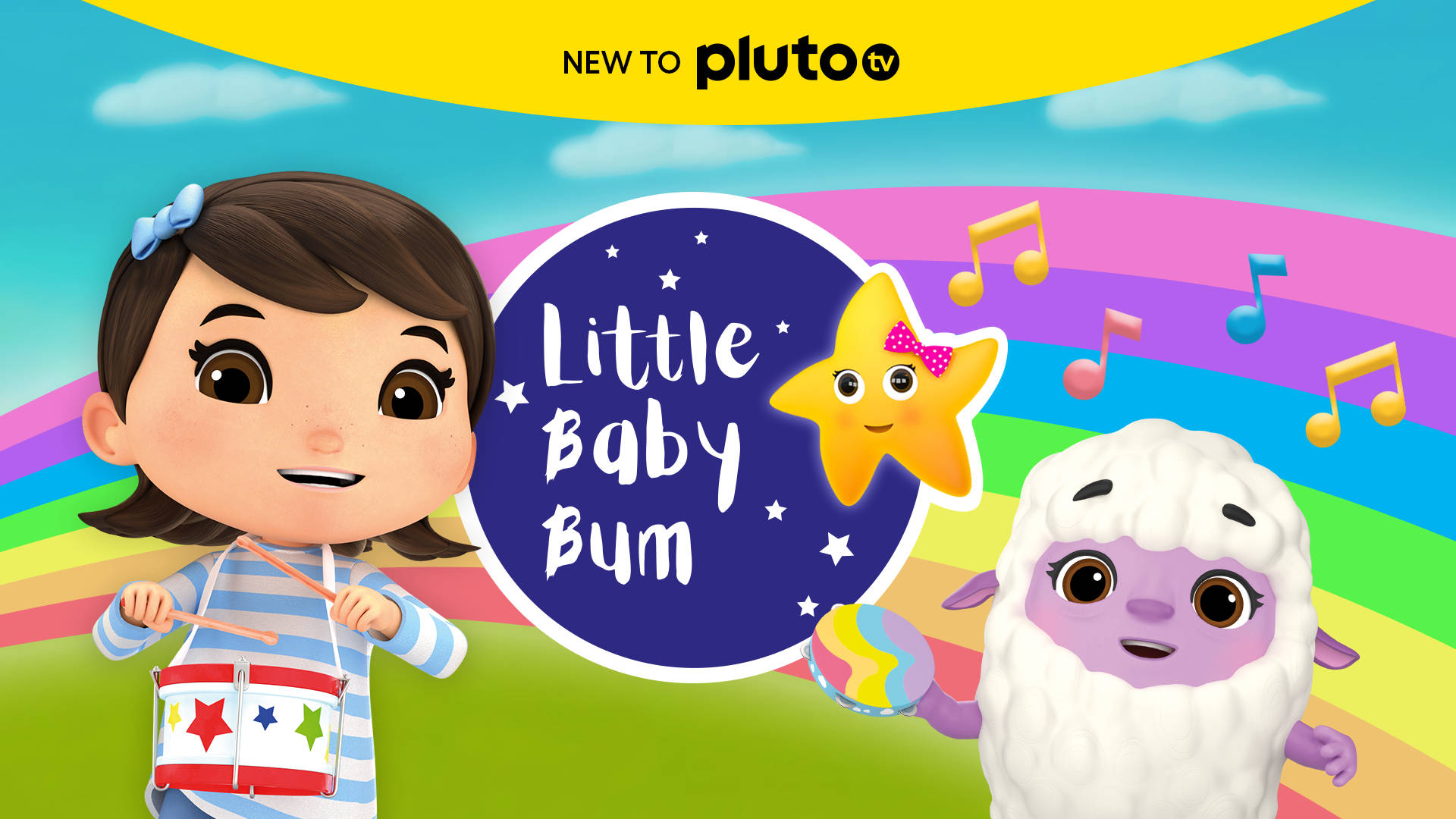 Little Baby Bum《New to Pluto》 壁紙 — 一個開心的卡通女孩和一隻毛茸茸的羊在彩虹下演奏樂器，周圍有漂浮的音符和星星標誌。
