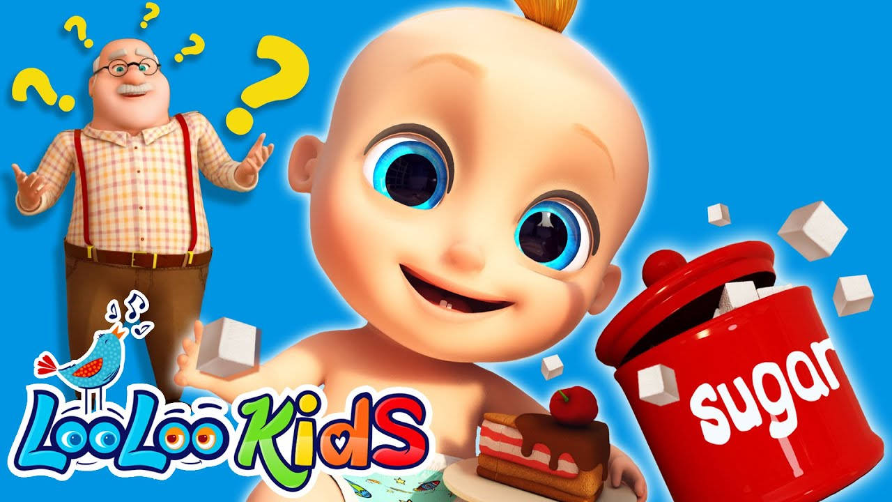 Looloo Kids Johnny Johnny Yes Papa 壁紙 — 一個開心的卡通嬰兒，有著大大的藍眼睛，在紅色糖罐旁邊拿著一片蛋糕，而一個困惑的男人帶著問號漂浮在附近。