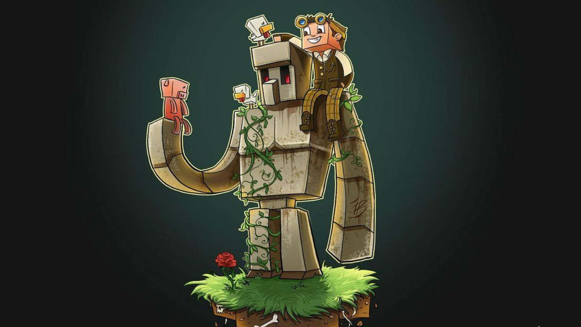 Minecraft Iron Golem 桌布 壁紙 — 一個開心的卡通機械人，身上有藤蔓和一朵紅玫瑰，站在一片草地上，背景是深色的。
