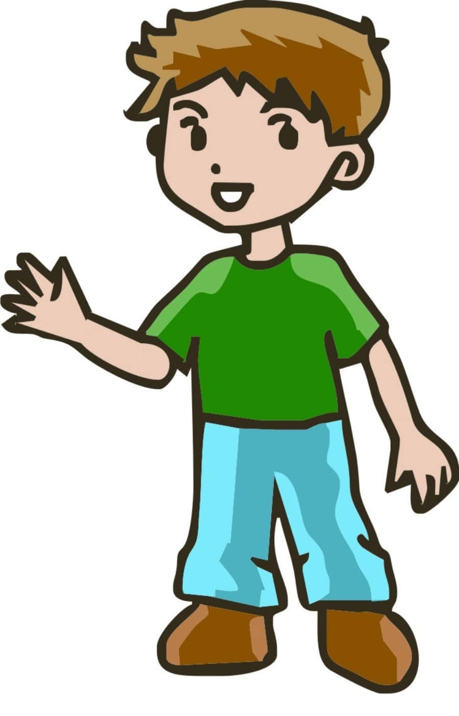 Clipart 桌布 壁紙 — 一個開心的卡通男孩，棕色頭髮，穿著綠色襯衫和藍色褲子，快樂地揮手。