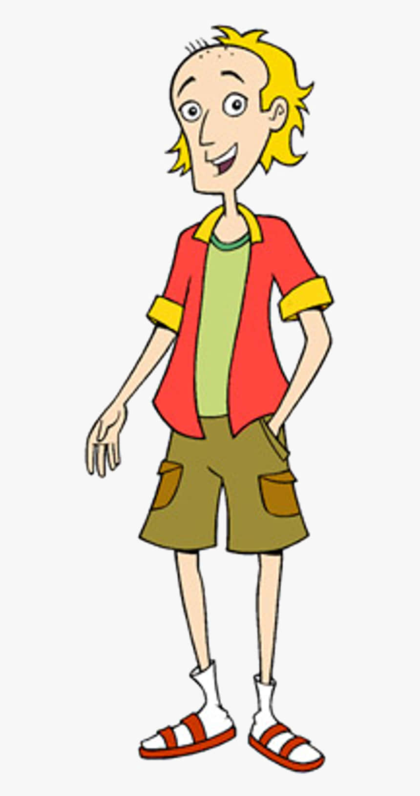 《Kenny the Shark》Peter Cassidy 壁紙 — 一個開心的卡通男孩，金色尖刺頭髮，穿著紅色恤衫、綠色T恤、卡其色短褲和紅色涼鞋。