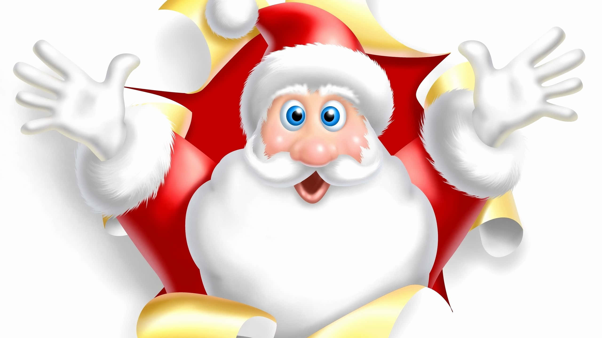 Santa Claus 桌布 壁紙 — 一個開心的卡通聖誕老人張開雙臂，帶著喜悅的表情衝破紅色和金色的星爆。