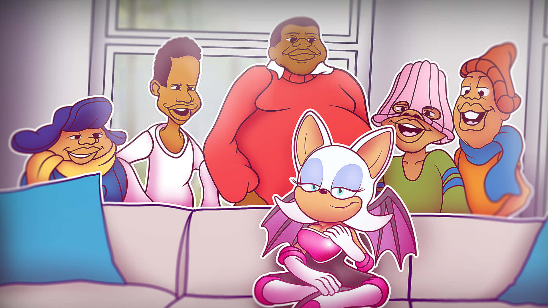 Rouge The Bat 桌布 壁紙 — 一個開心的卡通蝙蝠女孩盤腿坐在沙發上，五個微笑的人類角色在她身後觀看。