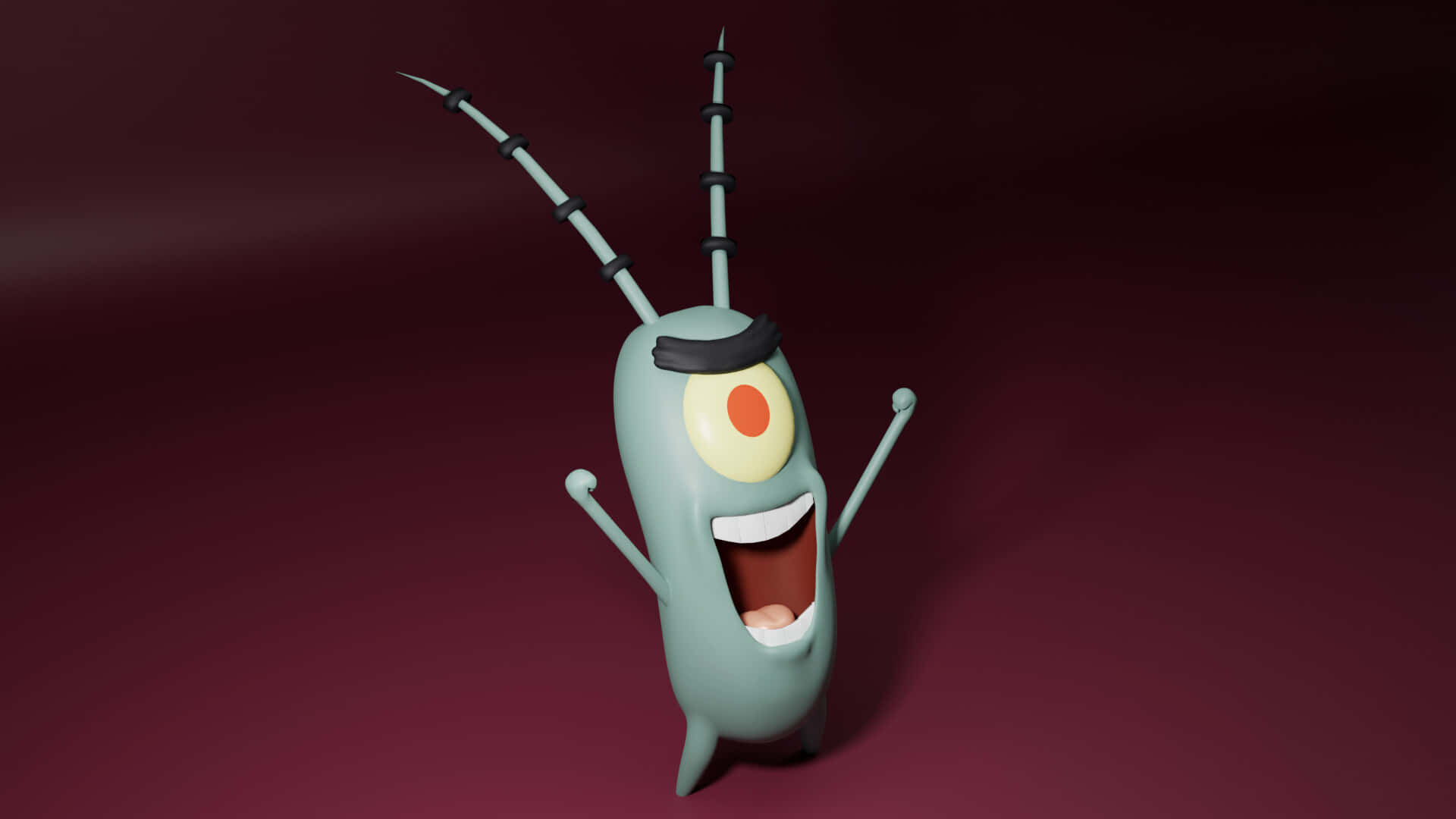 plankton 桌布 壁紙 — 一個開心的卡通角色，有一隻大眼睛和天線，站在深栗色背景前。