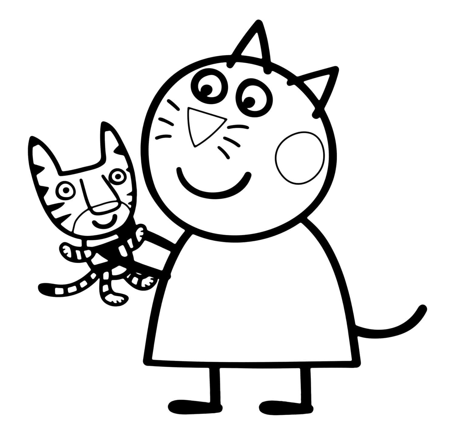 Candy Cat 桌布 壁紙 — 一個開心的卡通貓角色喺簡單嘅黑白線條畫中抱住一隻較細嘅條紋小貓。
