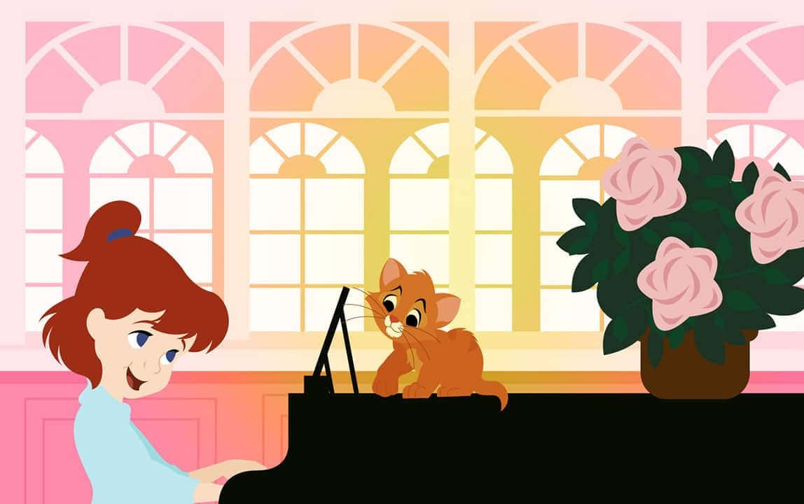 oliver and company 桌布 壁紙 — 一個開心的女孩彈鋼琴，一隻微笑的橙色貓咪在她旁邊的盆栽玫瑰叢旁觀看。