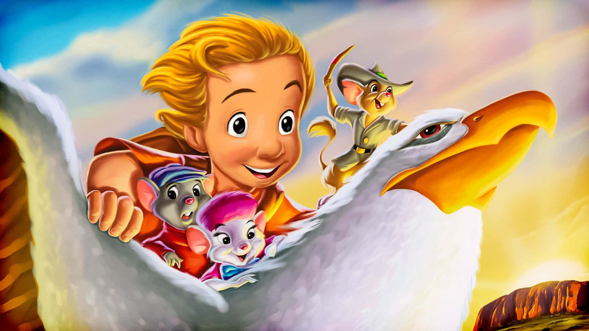 The Rescuers Down Under 桌布 壁紙 — 一個開心的男孩和三個動畫動物朋友騎著一隻大白鷹，在充滿活力的日落天空中翱翔。