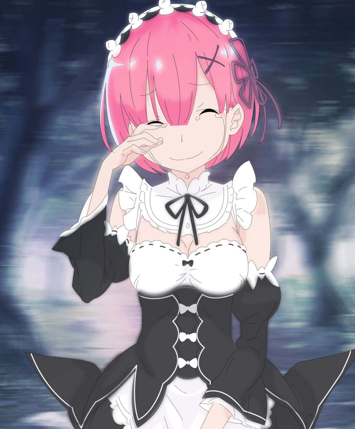 Re Zero Ram 桌布 壁紙 — 一個開心的粉紅色頭髮動漫女孩，穿著黑白女僕裝，單手靠近臉頰俏皮地眨眼。