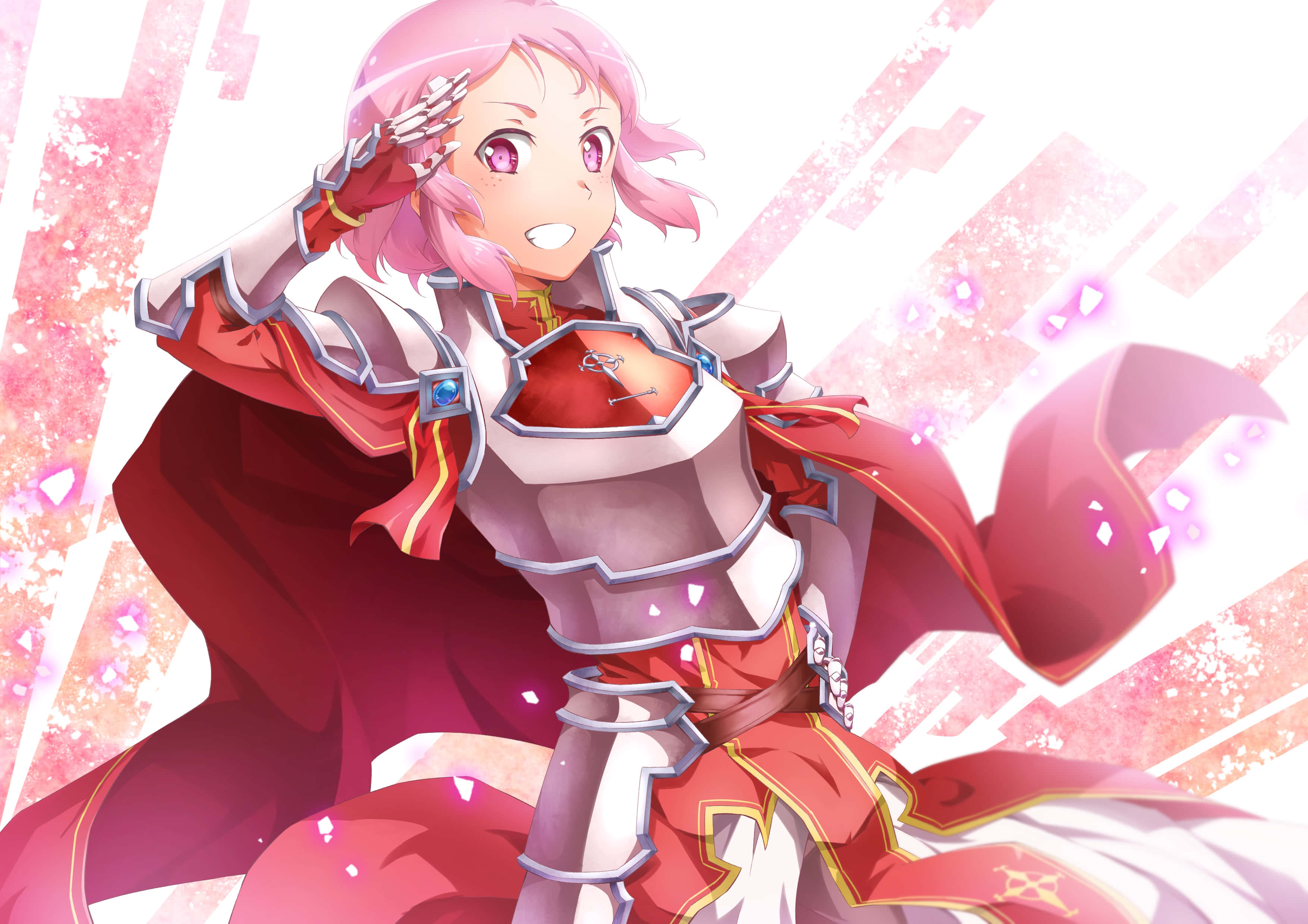 Sword Art Online Lisbeth 桌布 壁紙 — 一個開心的粉紅色頭髮動漫女孩，穿著紅色和銀色盔甲，在發光的粉紅色和白色背景前微笑敬禮。