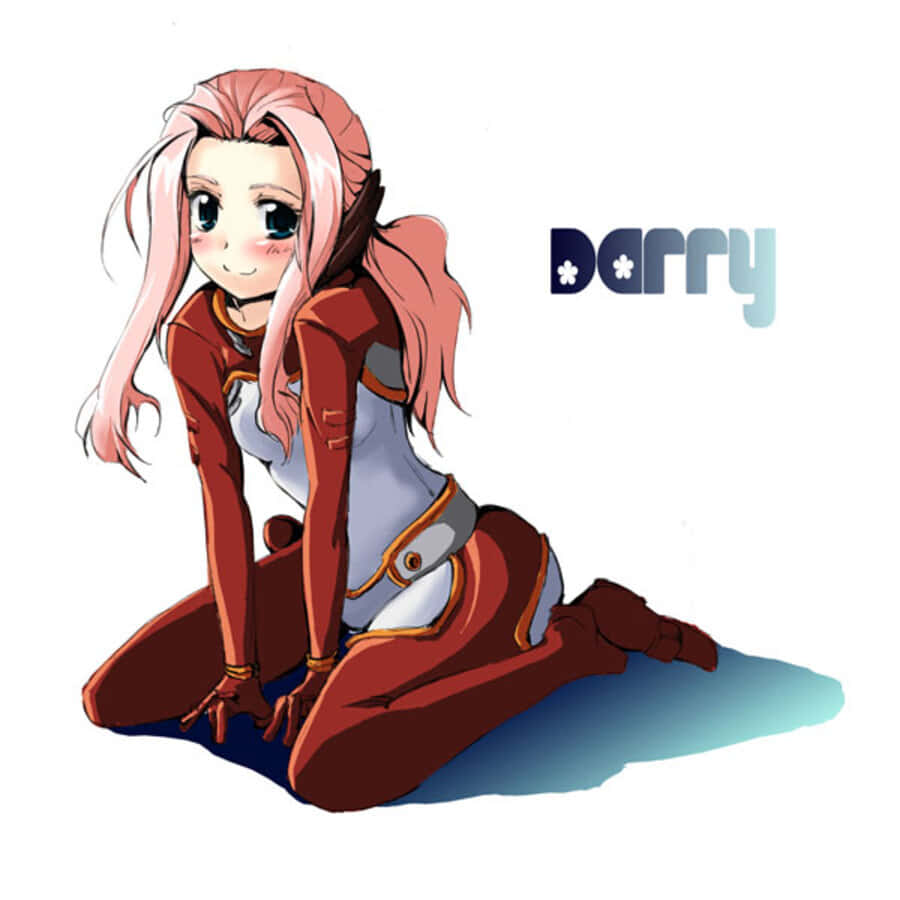 Darry Adai 桌布 壁紙 — 一個開心的粉紅色頭髮動漫女孩，穿著紅白相間的服裝跪著，在白色背景上投射出藍色陰影。