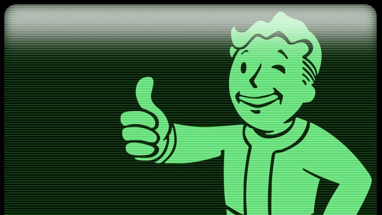 Fallout Shelter 桌布 壁紙 — 一個開心的綠色卡通吉祥物在深綠色掃描線背景上豎起大拇指。
