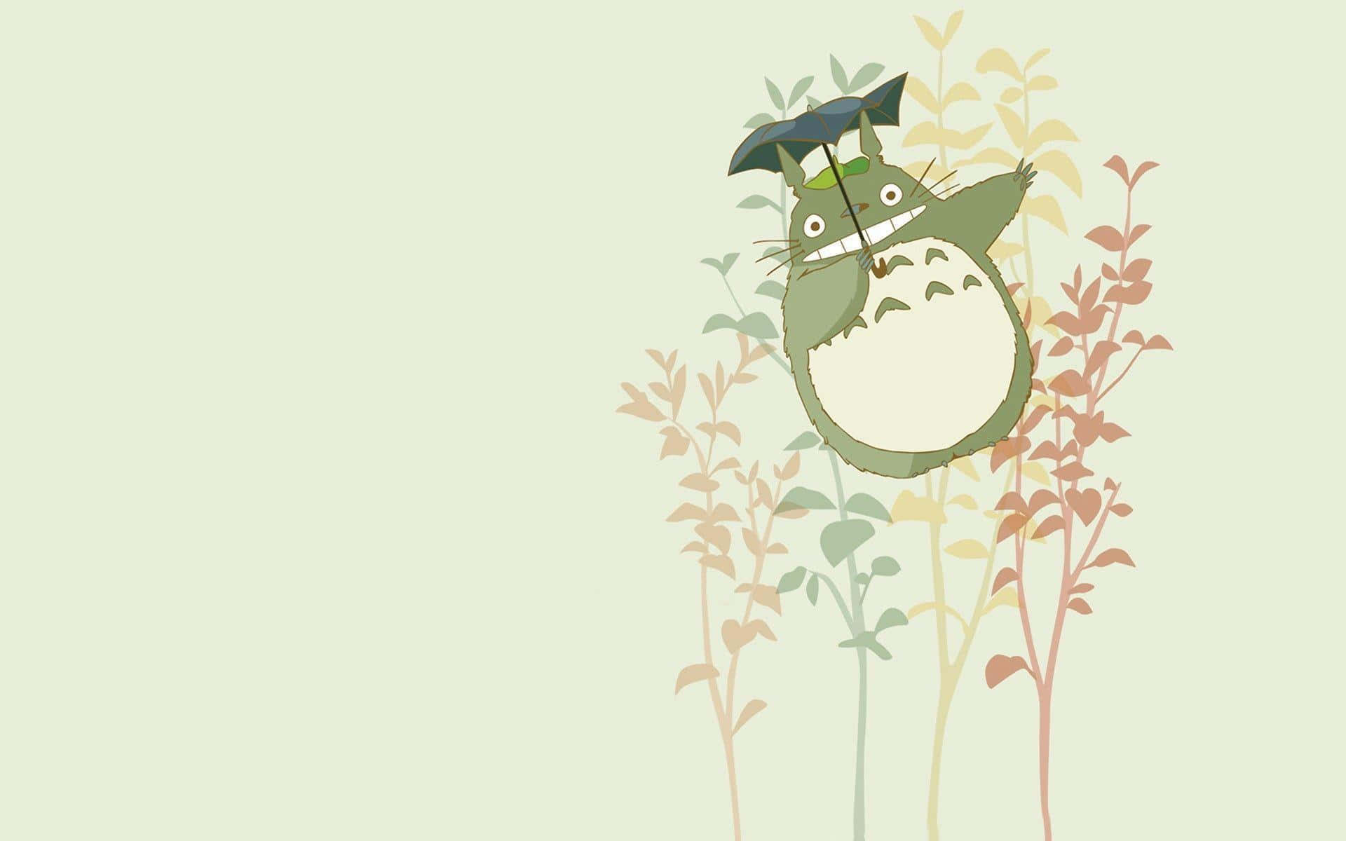 my neighbor totoro 桌布 壁紙 — 一個開心的綠色龍貓角色拿著黑色雨傘，在柔和的薄荷色背景中從粉彩色的葉子間探出頭來。