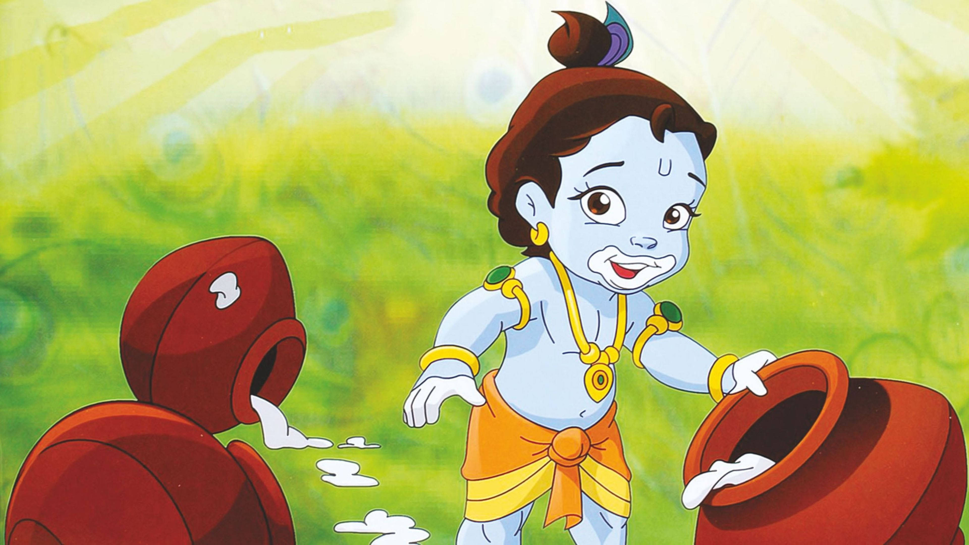 krishna ji 桌布 壁紙 — 一個開心的藍皮膚動畫小孩穿著橙黃色衣服，在充滿活力的綠色和黃色背景下頑皮地從紅色壺中灑出牛奶。