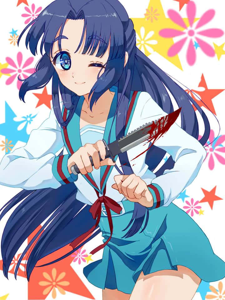 Ryoko Asakura 桌布 壁紙 — 一個開心的藍髮動漫女孩，單眼眨眼，手持一把沾血的刀，背景是色彩繽紛的花朵和星星。