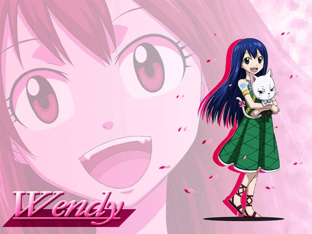 Wendy Marvell 桌布 壁紙 — 一個開心的藍髮動漫女孩，在柔和的粉紅色背景上，抱著一隻白貓，背景有飄落的花瓣和一個大笑臉。