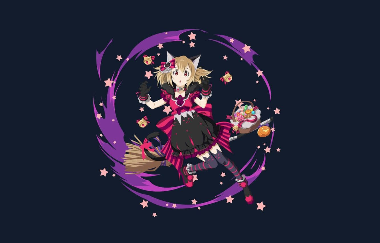 Sword Art Online Silica 桌布 壁紙 — 一個開心的貓耳動漫女巫騎著掃帚飛行，周圍環繞著旋轉的紫色魔法和粉紅星星，背景是深藍色。