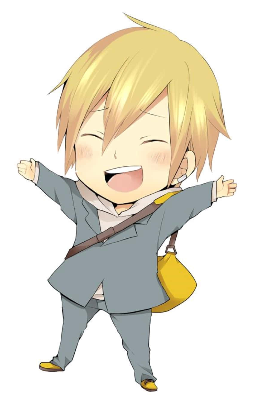Masaomi Kida 桌布 壁紙 — 一個開心的金髮Q版動畫男孩，穿著灰色西裝，背著黃色袋子，開懷大笑。