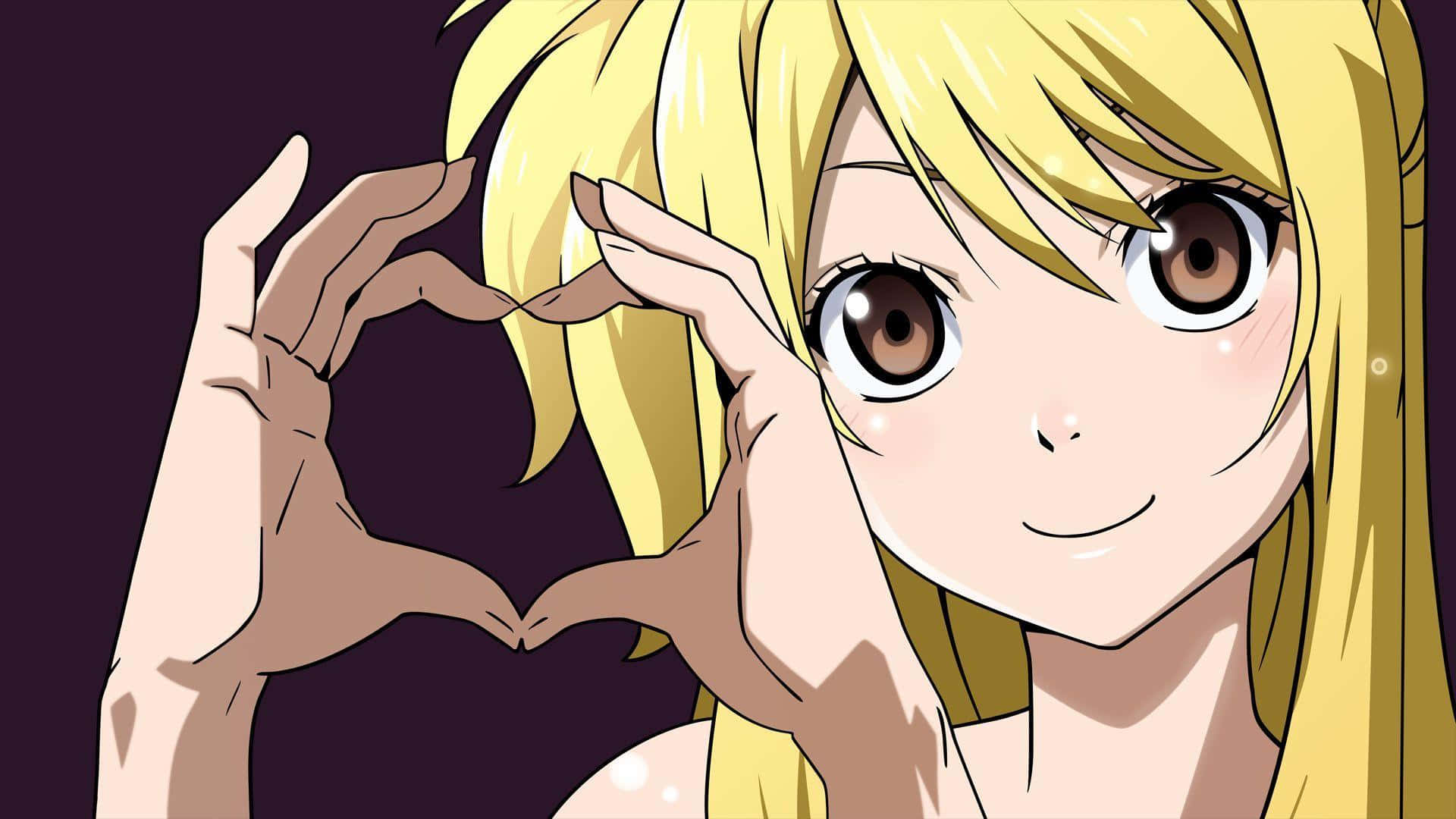lucy heartfilia 桌布 壁紙 — 一個開心的金髮動漫女孩在深紫色背景前用手比出心形。