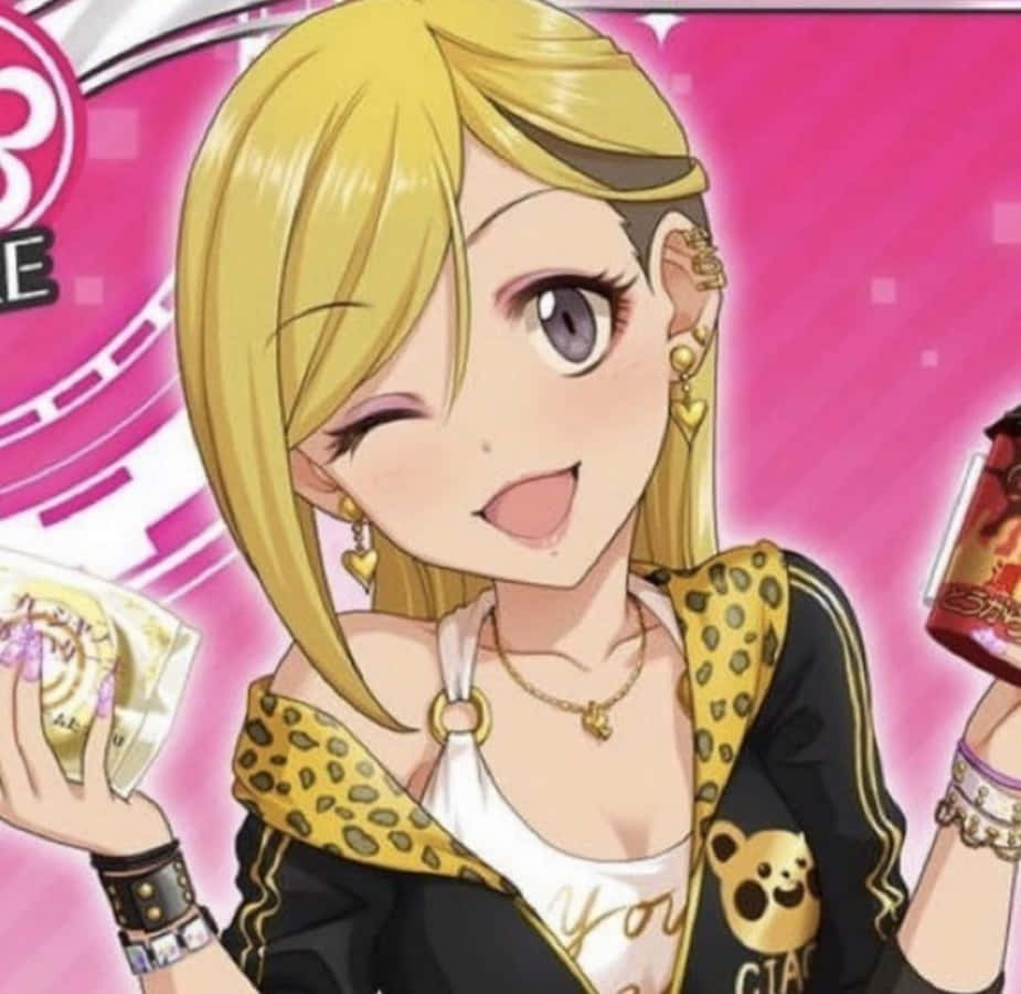 Gyaru 桌布 壁紙 — 一個開心的金髮動漫女孩在鮮豔的粉紅色背景前拿著零食眨眼。