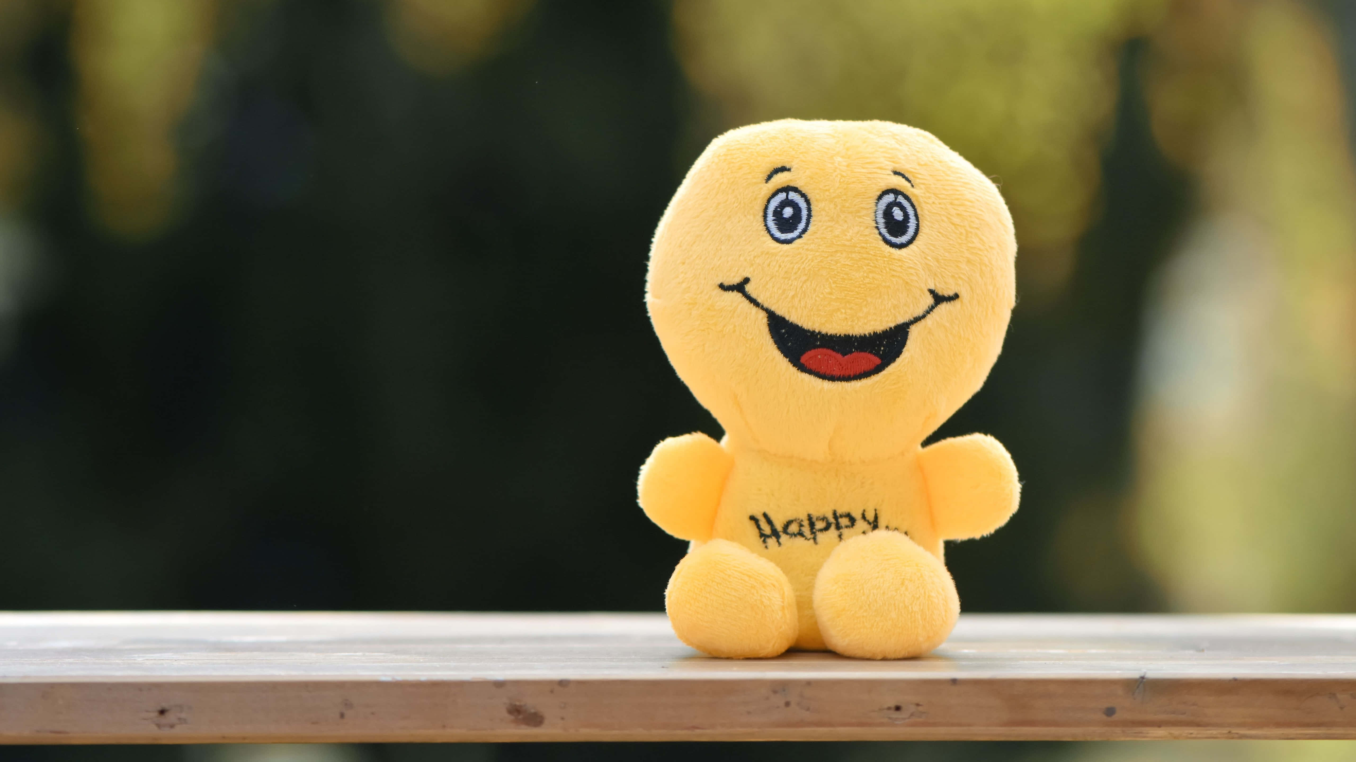 Smiley 桌布 壁紙 — 一個開心的黃色毛絨玩具，露出燦爛的笑容，坐在木質表面上，背景是模糊的綠色。