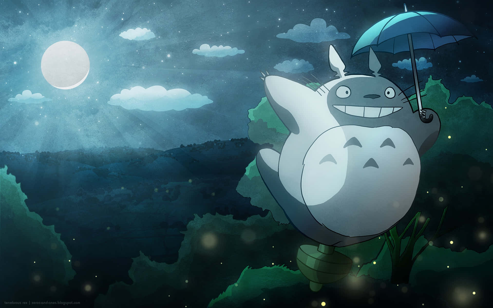 my neighbor totoro 桌布 壁紙 — 一個開心的龍貓在滿月下拿著雨傘漂浮在發光的森林上空。
