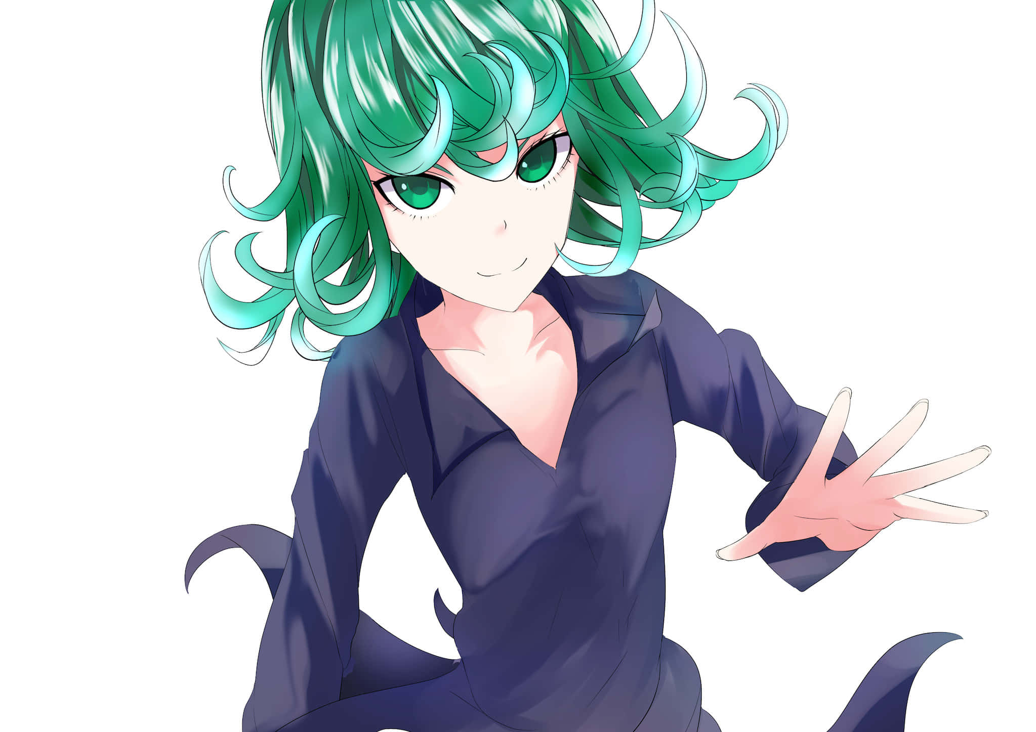 Tatsumaki 桌布 壁紙 — 一個開朗的動漫女孩，擁有充滿活力的藍綠色頭髮和相配的眼睛，穿著深藍色服裝，在純白色背景上伸出手。