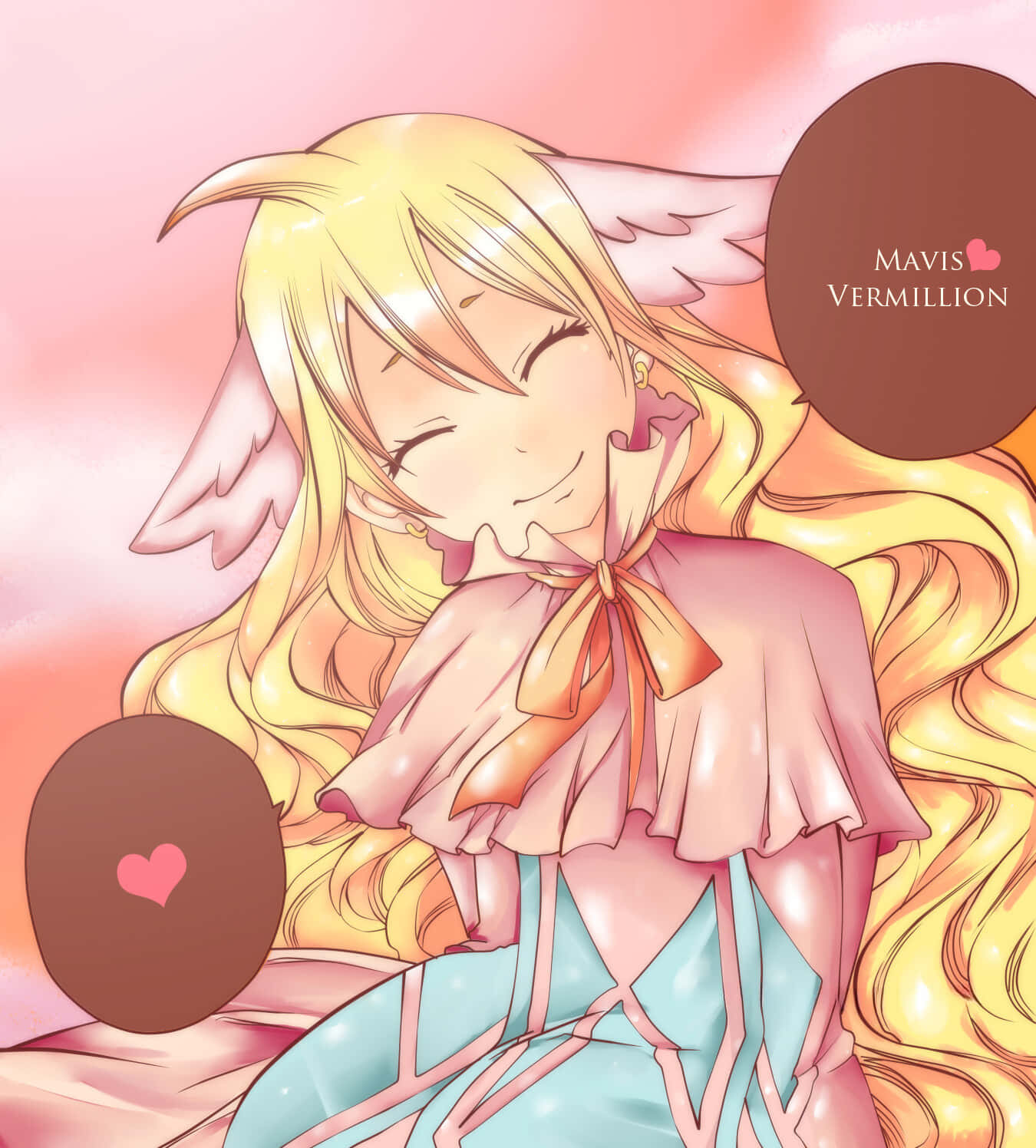 Mavis Vermillion 桌布 壁紙 — 一個開朗的動漫女孩，擁有金色長髮和天使翅膀，在柔和的粉紅色漸變背景上溫暖地微笑。