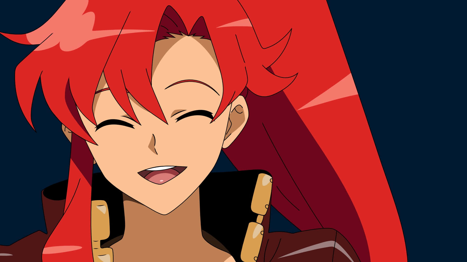 yoko littner 桌布 壁紙 — 一個開朗的動漫女孩，擁有鮮豔的紅髮，在深藍色背景上燦爛地微笑。