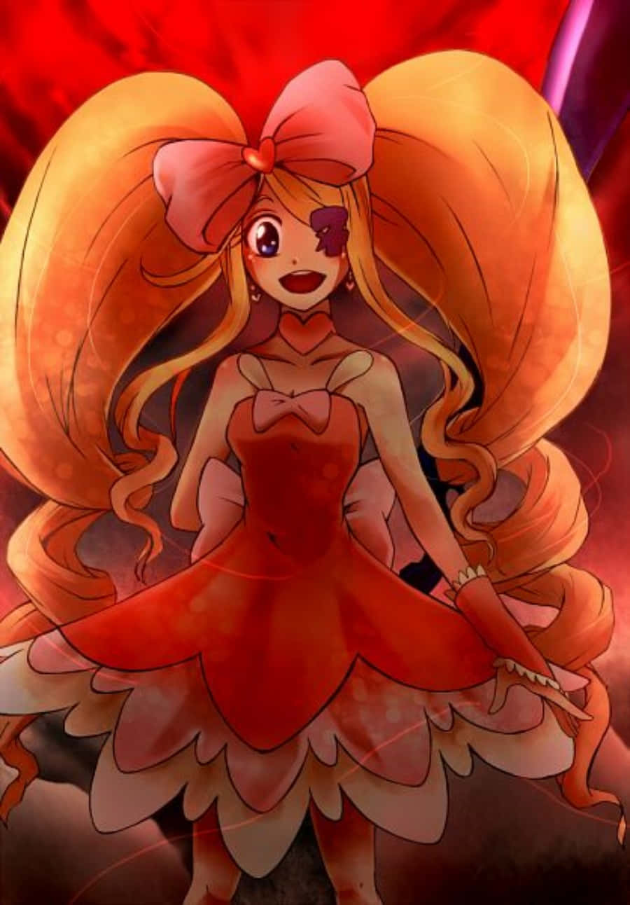 Nui Harime 桌布 壁紙 — 一個開朗的動漫女孩，有著火紅的橙色頭髮和一個大蝴蝶結，穿著紅色連衣裙，背景是發光的紅色。
