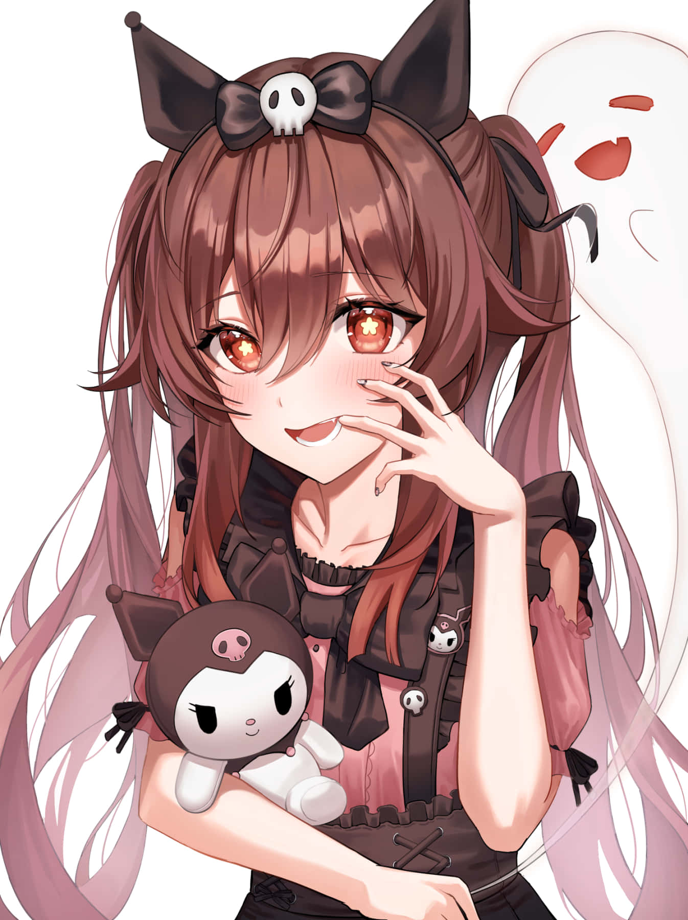 Kuromi Fanart 桌布 壁紙 — 一個開朗的動漫女孩，棕色頭髮，發光的紅色眼睛，戴著貓耳，抱著一個骷髏主題的毛絨玩具。