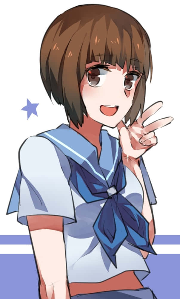 Mako Mankanshoku 桌布 壁紙 — 一個開朗的動漫女孩，棕色頭髮，藍色水手領，微笑著比出和平手勢。