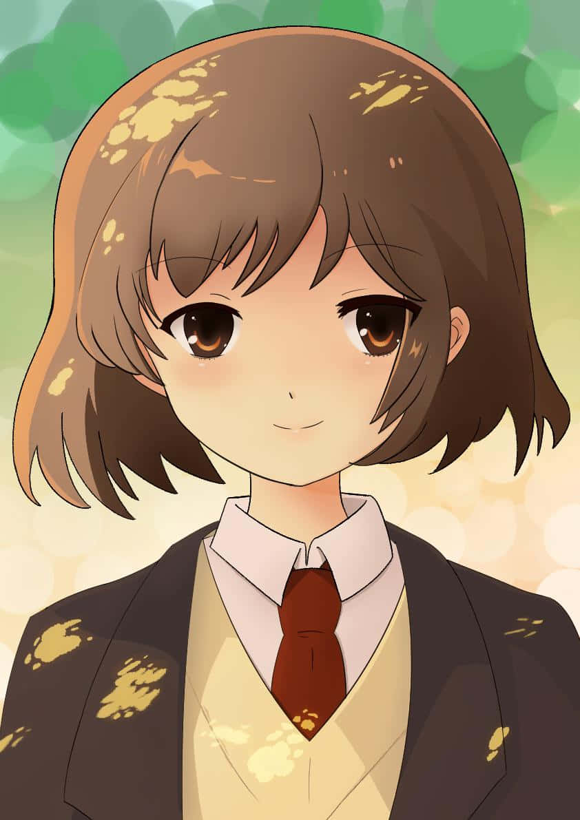Haruhi Sasaki 桌布 壁紙 — 一個開朗的動漫女孩，棕色頭髮和溫暖的眼睛，穿著沾有黃色爪印的校服，溫柔地微笑。